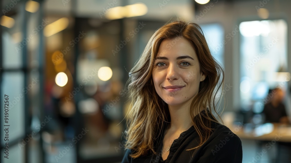 Confident young woman with shoulder-length brown hair, wearing a black blouse, standing in a modern office with blurred background. Friendly and professional Confident young woman with shoulder-length brown hair, wearing a black blouse, standing in a modern office with blurred background. Friendly and professional