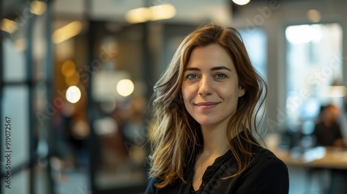 Confident young woman with shoulder-length brown hair, wearing a black blouse, standing in a modern office with blurred background. Friendly and professional