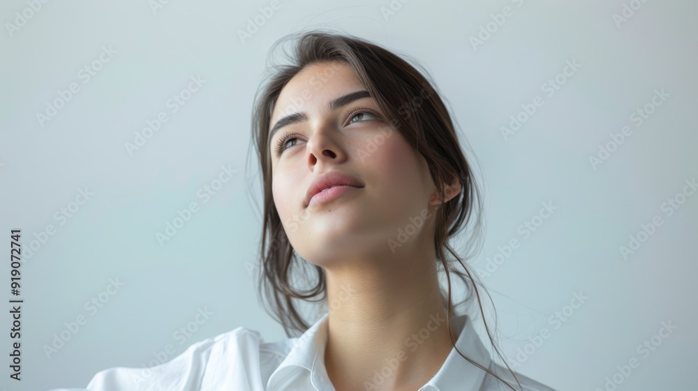 A young woman with a serene expression gazes upward, wearing a white shirt against a soft, minimalist background. Her loose hair adds a touch of natural elegance A young woman with a serene expression gazes upward, wearing a white shirt against a soft, minimalist background. Her loose hair adds a touch of natural elegance