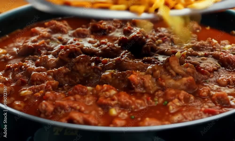 Pork stewed in a hot pot with garlic and chilli