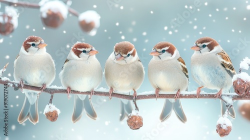 Five sparrows perched on a branch. This photo can be used for a winter or cold weather themed project. photo