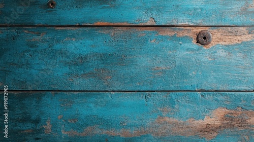 An image capturing aged blue painted wooden planks with visible bolts, showcasing the texture and weathered look of the wood, suitable for rustic or vintage themes. photo