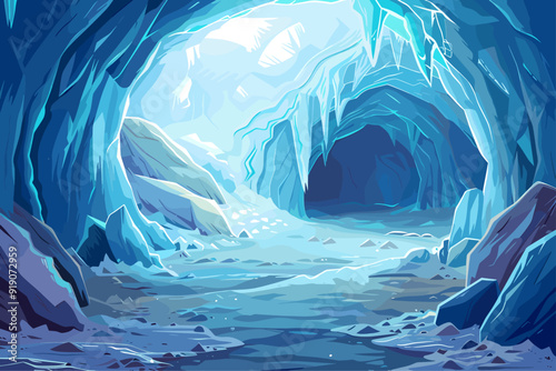 Ice cave landscape. Blue snowy winter empty cavern background with icy rocks. Grotto, hidden underground tunnel. Icicles entrance maze to cave in mountain. North natural site. Cartoon style vector