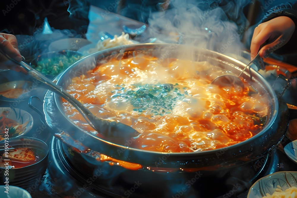 A Delicious Hot Pot Experience with Steaming Broth and Fresh Ingredients A Delicious Hot Pot Experience with Steaming Broth and Fresh Ingredients