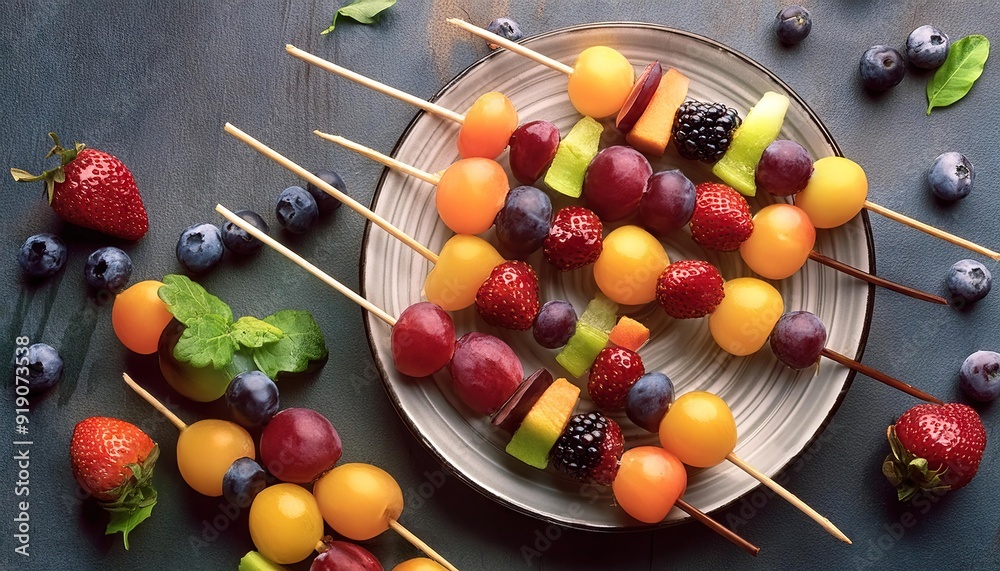 Colorful fruit skewers, presenting a playful and enticing way to enjoy a variety of fresh fruits Colorful fruit skewers, presenting a playful and enticing way to enjoy a variety of fresh fruits
