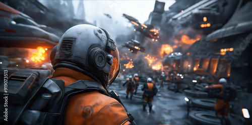 Fototapeta Naklejka Na Ścianę i Meble -  Futuristic soldier in a detailed spacesuit observing a chaotic battle scene with explosions and spaceships in the background.