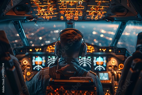 Captivating View from the Cockpit: A Pilot Navigating Through the Night Sky