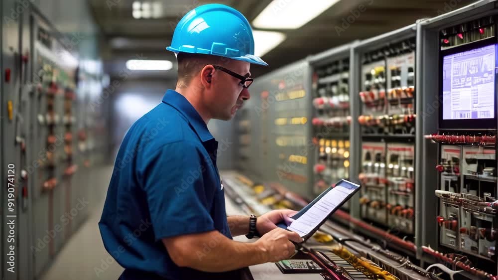 Nuclear power plant employee in hard hat checks operating parameters on panel. Controlling safety of energy enterprise.