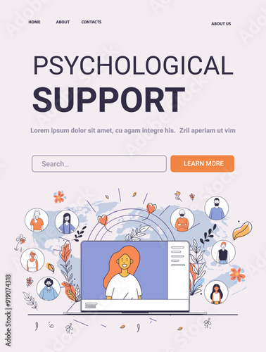 Psychological support mental health concept online therapy session people on laptop screen surrounded by avatars floral elements pastel colors website design