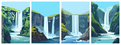 Iceland waterfall landscape posters set. Falling water, rocks covered with greenery blye sky. Tourism journey and travelling concept. Minimalism flat cartoon vector style
