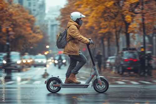 A people using electric scooters and bicycles in a modern city. Generative AI