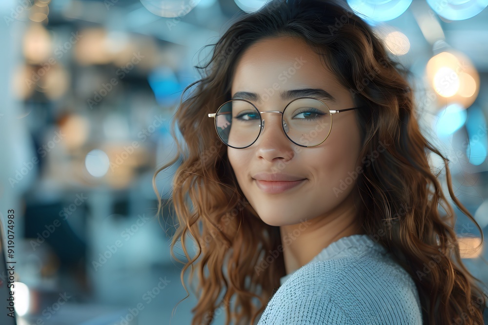 A Warm Smile: A Young Woman with Curly Hair and Glasses in a Bright, Modern Setting A Warm Smile: A Young Woman with Curly Hair and Glasses in a Bright, Modern Setting