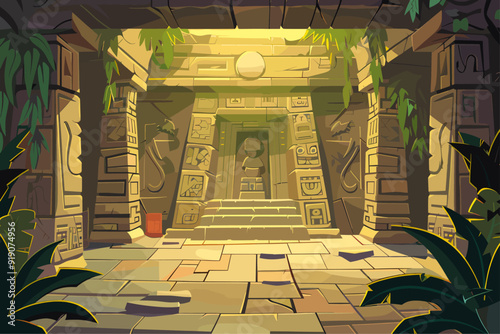 Interior of an ancient Aztec temple landscape. Stonework walls covered with runes. Thickets of green plants. a small staircase a walled up entrance to a secret storeroom. Cartoon style vector