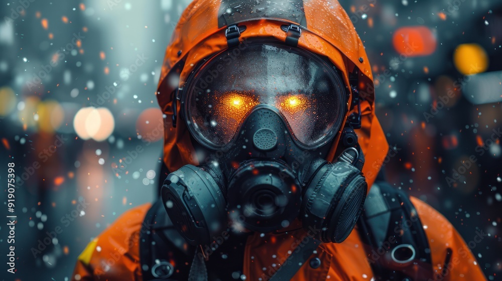 futuristic fireman in an orange uniform and gas masks