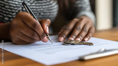 A person signing a lease agreement with a set of keys placed next to the document photo