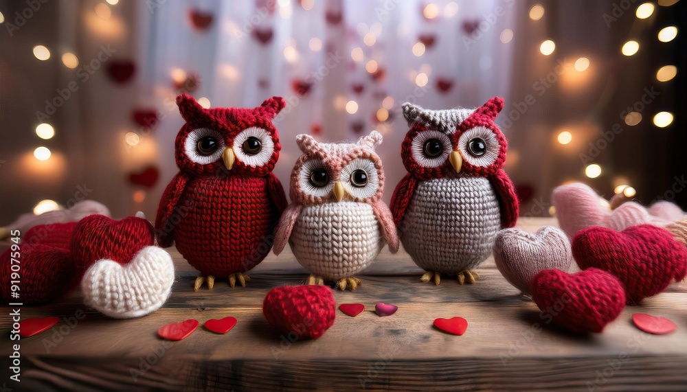 Obraz premium Cute Knitted Owls Surrounded by Love Hearts in a Cozy Setting