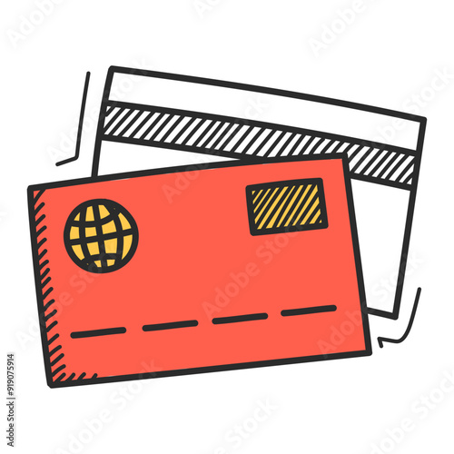 Credit card doodle icon vector isolated. Hand-drawn illustration of a finance tool. Plastic card, concept of banking and cashless payment.