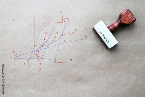 Handwriting examination, fictitious signature on craft paper with marking of signs, stamp evidence, close-up