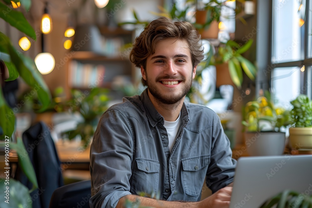 Young Man Smiling in a Cozy, Plant-Filled Workspace