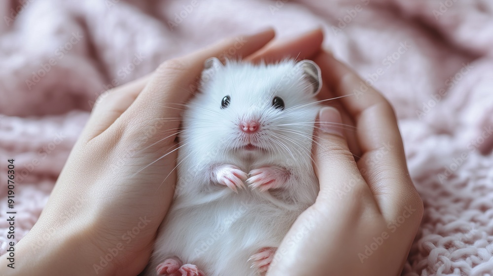 Cute Little Exotic Female Winter White Dwarf Hamster receives massage from owner. Winter White Hamster is also known as Winter White Dwarf. Pet care, Raising Rodent in Rat Year 2020, Friend concept Cute Little Exotic Female Winter White Dwarf Hamster receives massage from owner. Winter White Hamster is also known as Winter White Dwarf. Pet care, Raising Rodent in Rat Year 2020, Friend concept