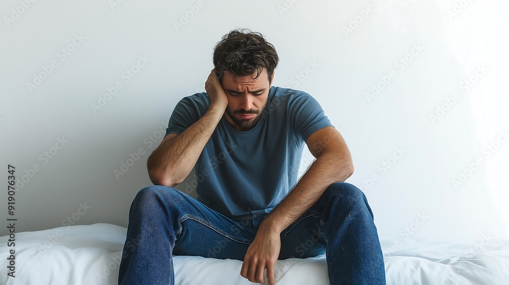 A man sitting on the edge of his bed, looking sad and worried about sleeping with white walls behind him A man sitting on the edge of his bed, looking sad and worried about sleeping with white walls behind him
