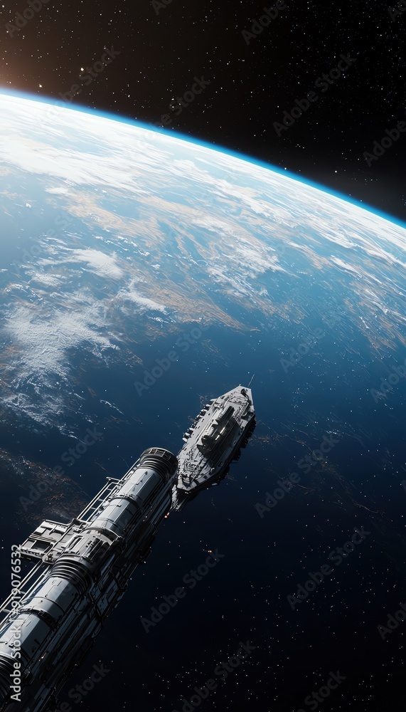 A stunning view of a spacecraft traveling through space, overlooking Earth in a distant and serene cosmic setting. A stunning view of a spacecraft traveling through space, overlooking Earth in a distant and serene cosmic setting.