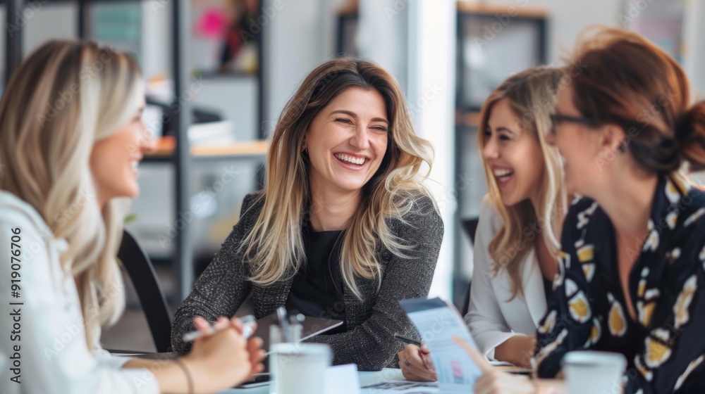 A group of women are smiling and laughing together at a table A group of women are smiling and laughing together at a table