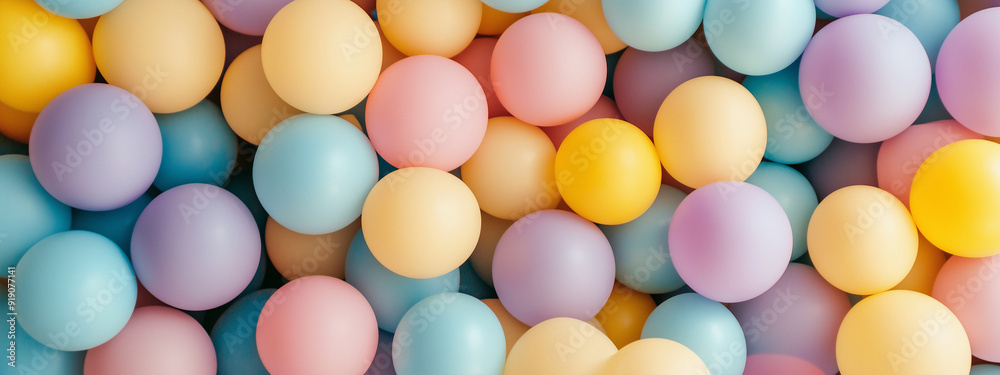 Lots of shiny bright purple, yellow, blue plastic balls balloons, kids birthday party playground attraction background close up concept.background with copy for greeting card, banner, poster 