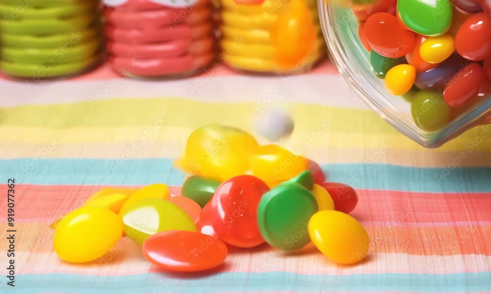 Vibrant Candies Poured from Jar on Striped Tablecloth