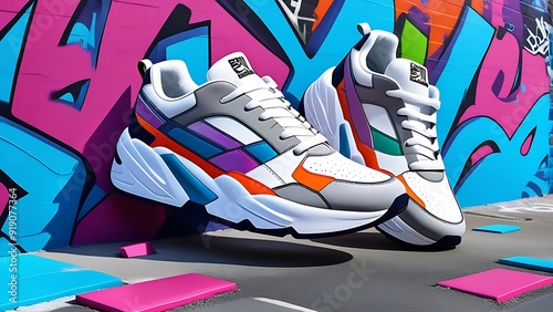 Sneakers on a colorful graffiti background. 3D illustration.