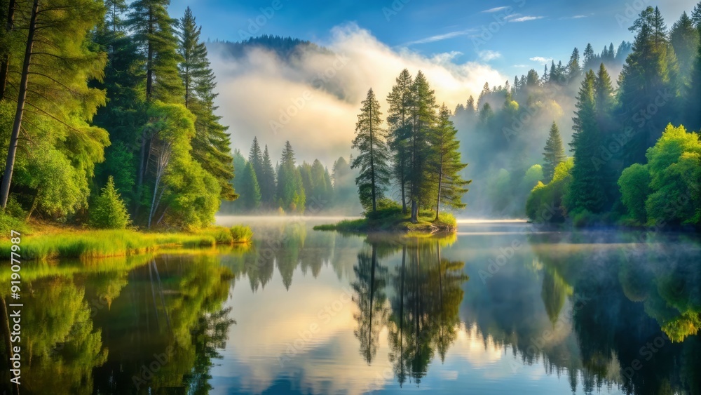 misty morning fog rises from calm lake, surrounded by tall trees and lush greenery, evoking peacefulness and tranquility. misty morning fog rises from calm lake, surrounded by tall trees and lush greenery, evoking peacefulness and tranquility.