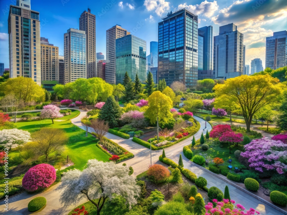 Fototapeta premium Vibrant urban oasis featuring lush greenery, blooming flowers, and diverse species of trees, promoting ecosystem balance and thriving biodiversity in the heart of the city.