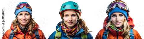 Set of rock climbing girls' portraits on transparent background. Concept of sport and hobby.