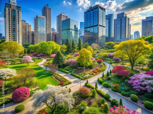 Vibrant urban oasis featuring lush greenery, blooming flowers, and diverse species of trees, promoting ecosystem balance and thriving biodiversity in the heart of the city.