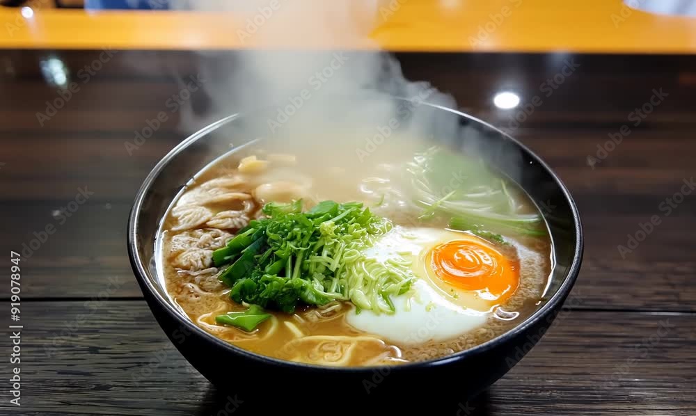 Japanese ramen noodle soup with egg in black bowl on wooden table