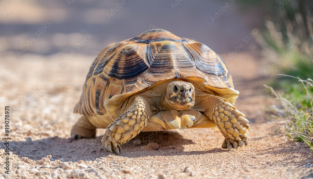 Obraz premium Leopard Tortoise Walking on a Sandy Path in the Afternoon Sun and Copy Space