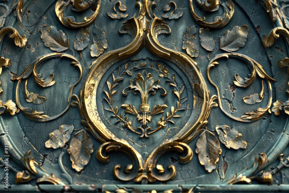 A close-up shot of a decorative metal door with intricate designs and details