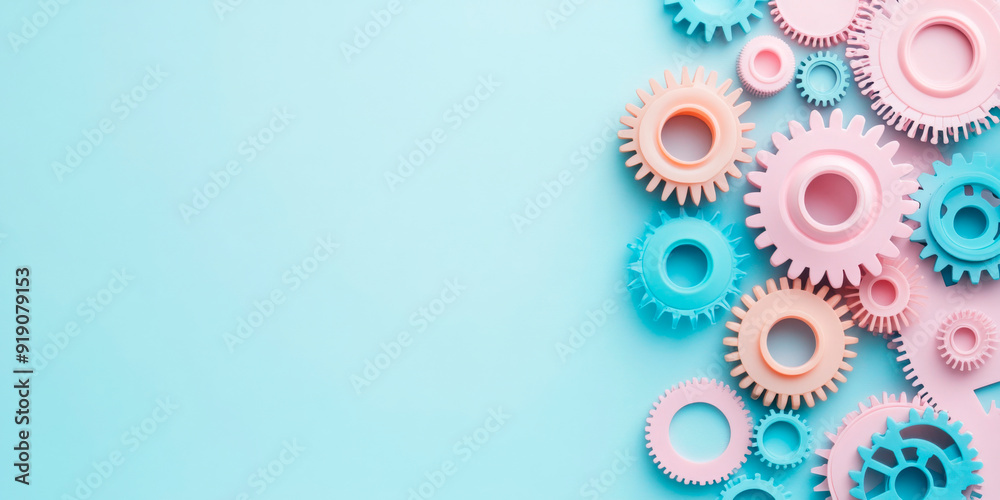Pastel-colored mechanical gears on a light blue background, illustrating concepts of innovation, simplicity in design, and teamwork in engineering and technology sectors