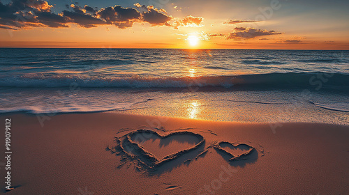 Fototapeta Naklejka Na Ścianę i Meble -  A heart drawn in the sand on an empty beach at sunset,