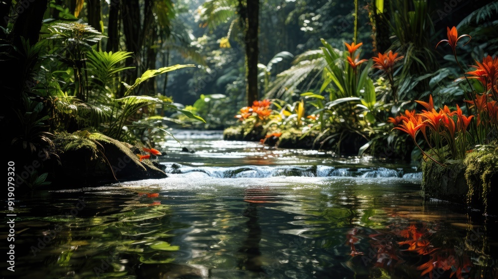 Attractive outdoor fish pond enhanced by artificial waterfall Attractive outdoor fish pond enhanced by artificial waterfall