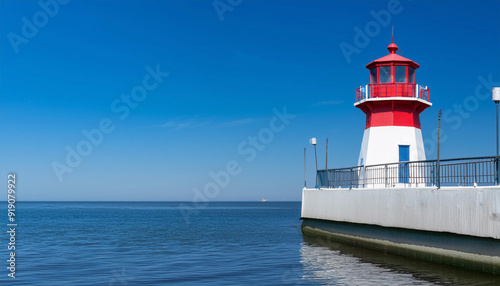 Red and White Lighthouse on Top of Pier and Copy Space