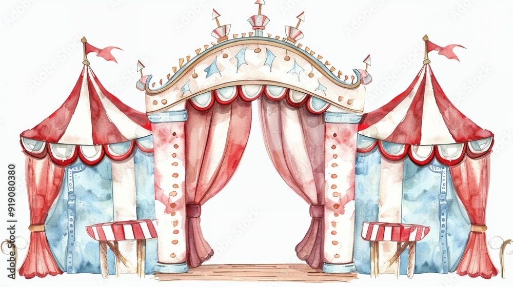 Circus entrance with ticket gates,Clipart, watercolor illustration, Perfect for nursery art The style is hand drawn, white background Circus entrance with ticket gates,Clipart, watercolor illustration, Perfect for nursery art The style is hand drawn, white background