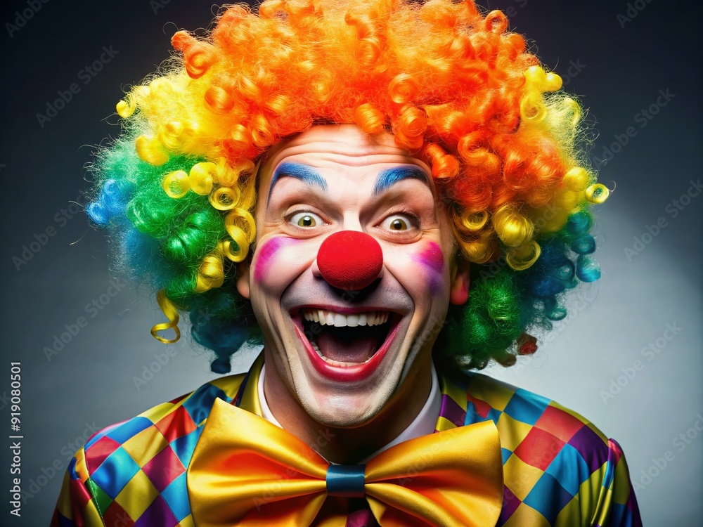A brightly costumed clown with a vibrant orange wig and red nose beams with infectious joy, spreading happiness with an exaggerated, toothy grin.