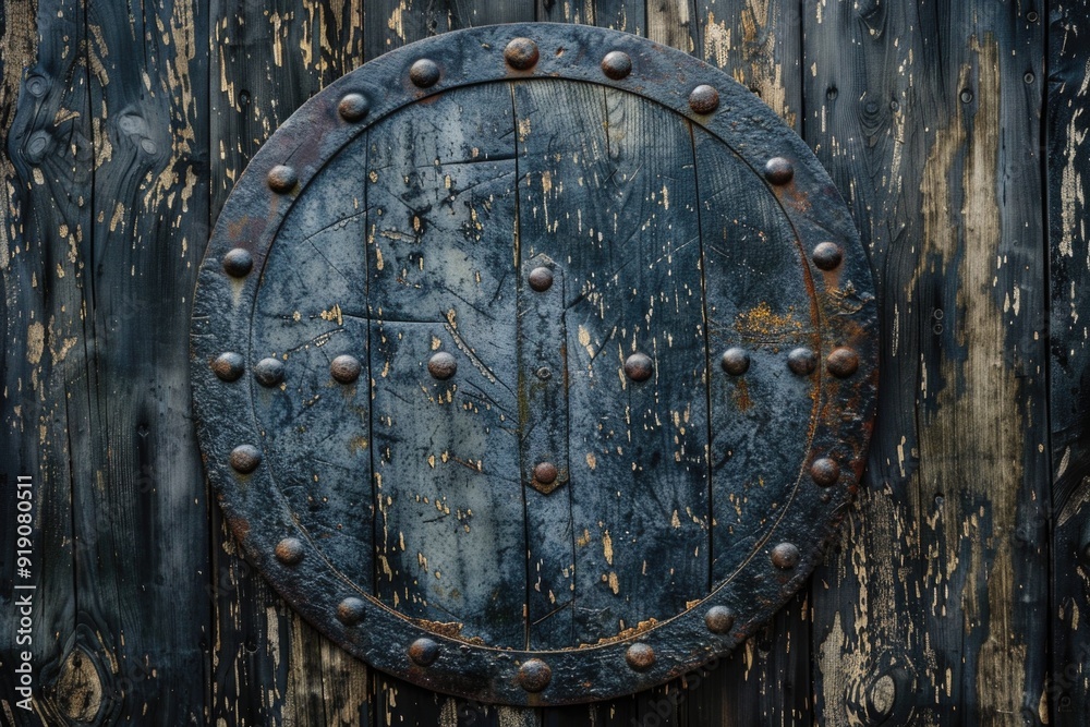 A metal plate with rivets attached to a wooden wall, suitable for rustic or industrial-themed designs A metal plate with rivets attached to a wooden wall, suitable for rustic or industrial-themed designs