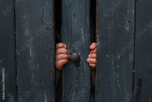 Child's hands sticking out of the crack, locked in. Child abuse child abuse. Close up preschool child with cannot go to play outside.