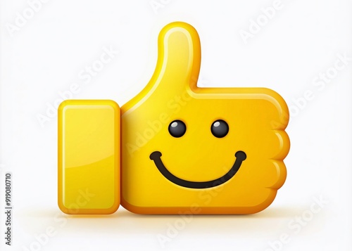 A bright yellow thumbs up icon with a smiling face, symbolizing excellent customer experience, positive review, and satisfaction, conveying a sense of happiness and mental well-being.
