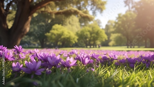 Vibrant purple flowers bloom among the green grass in a park