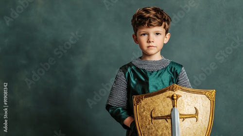 Boy in a knight costume with a shield and sword photo