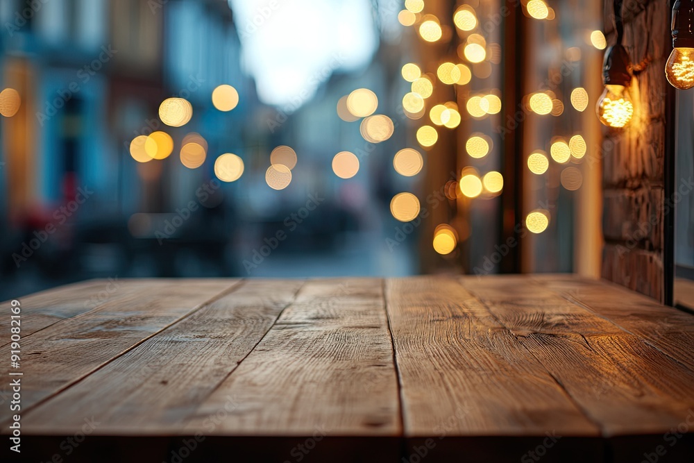 Wooden table with a blurry city background. Ideal for showcasing products, food, or drinks in a warm and inviting setting. Wooden table with a blurry city background. Ideal for showcasing products, food, or drinks in a warm and inviting setting.