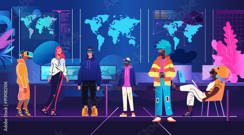 People community group technology workspace diverse individuals interacting in futuristic office environment with world maps screens and gadgets modern digital theme